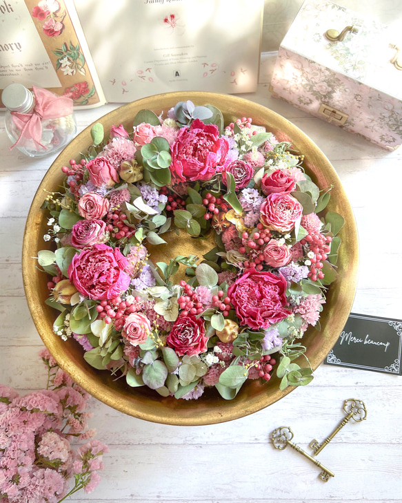 芍薬と薔薇の豪華なリース 薔薇のリース ドライフラワー リース  