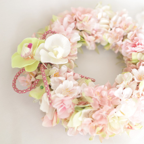 桜に胡蝶蘭の春色リース＊再販＊満開の桜リース＊ひな祭り リース