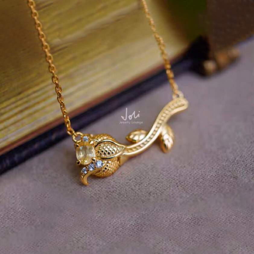 ローズマナー 天然イエローサファイア キラキラ ネックレス レトロ 薔薇 バラ 一輪 フラワー 花 黄色 オーバル