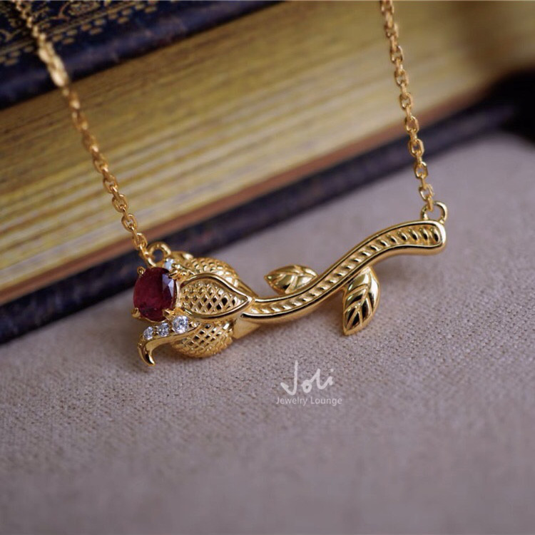 ローズマナー 天然ルビー キラキラ ネックレス レトロ 薔薇 バラ 一輪 フラワー 花 レッド 赤 オーバル