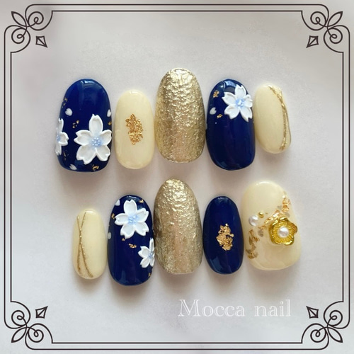 桜×ブルー ネイルチップ 成人式/卒業式/袴/振袖/青 ネイルチップ（つけ  