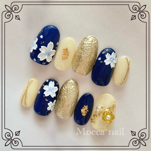 桜×ブルー ネイルチップ 成人式/卒業式/袴/振袖/青 ネイルチップ（つけ