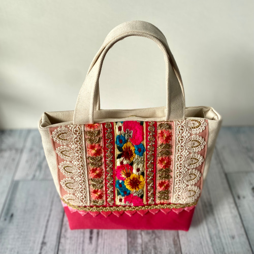 インド刺繍リボン 春カラー気分が上がるトートバッグ トートバッグ