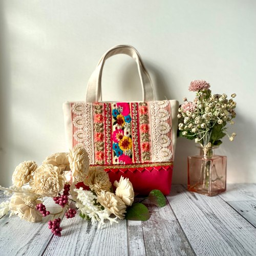 インド刺繍リボン 春カラー気分が上がるトートバッグ トート