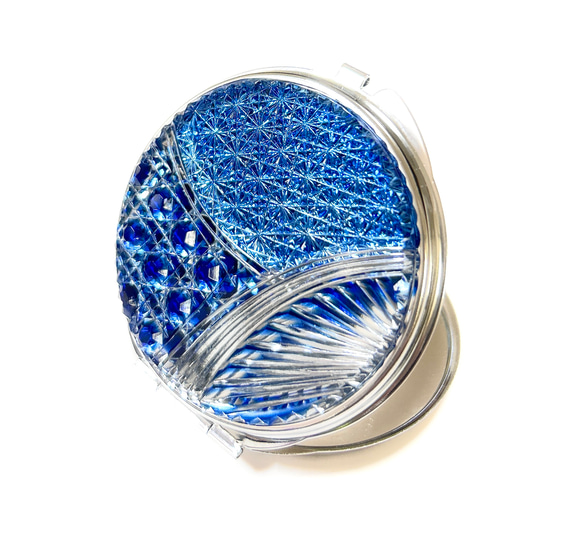 縁起ミラー」東京切子コンパクトミラー 宝船 ～たからぶね～ 青 Silver