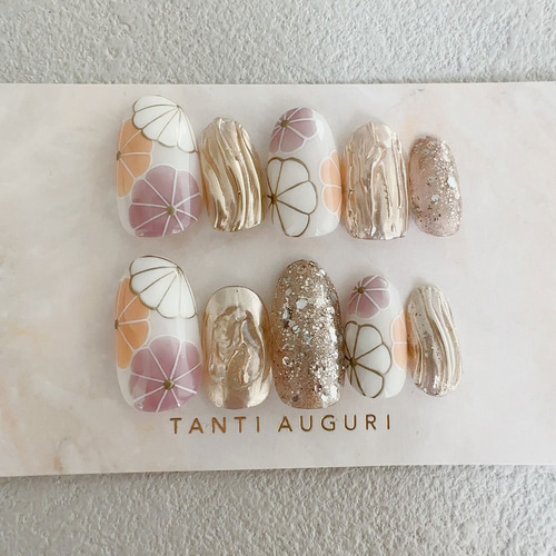 成人式 振袖 ネイルチップ 和柄 和風 花 金色 ゴールド 着物 日本風 菊  