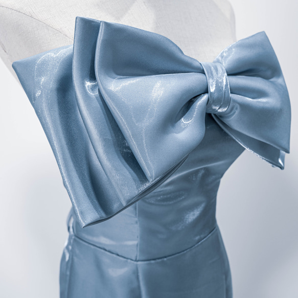 花嫁 美しい胸元のリボン  青色 カラードレス    ロングトレーン ソフトマーメイドラインパーティー 演奏会G089 2枚目の画像