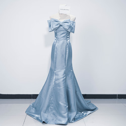 花嫁 美しい胸元のリボン  青色 カラードレス    ロングトレーン ソフトマーメイドラインパーティー 演奏会G089 1枚目の画像
