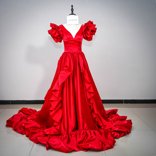 結婚式 Vネック 姫袖 カラードレス 華やかなトレーン ラッフルフリル  