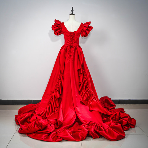 結婚式 Vネック 姫袖 カラードレス 華やかなトレーン ラッフルフリル  