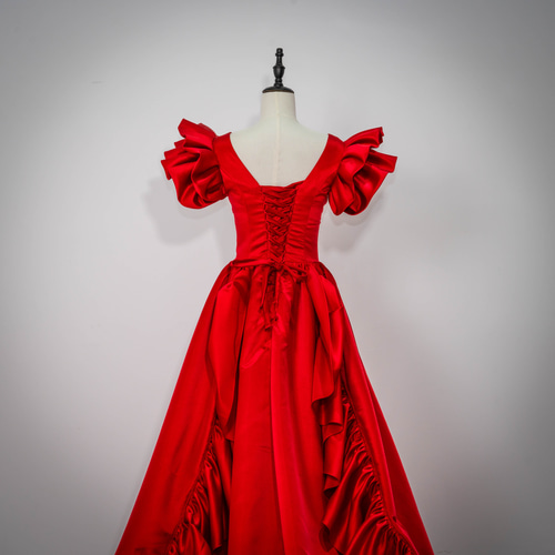 結婚式 Vネック 姫袖 カラードレス 華やかなトレーン ラッフルフリル  