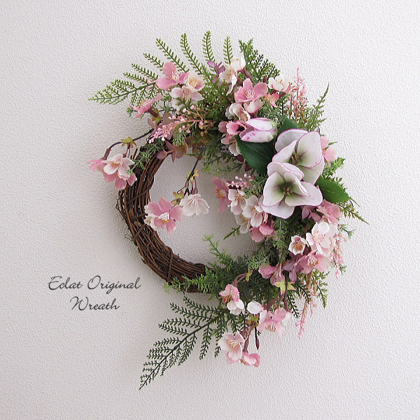 しだれ桜・クリスマスローズ入り春リース　　造花　アーティフィシャルフラワー　cmwh101