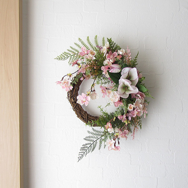 しだれ桜・クリスマスローズ入り春リース　　造花　アーティフィシャルフラワー　cmwh101