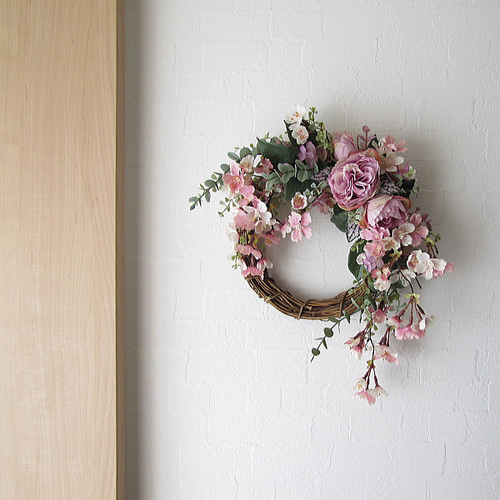 しだれ桜・バラ入り春リース 造花 アーティフィシャルフラワー しだれ桜・バラ入り春リース 造花 アーティフィシャルフラワー