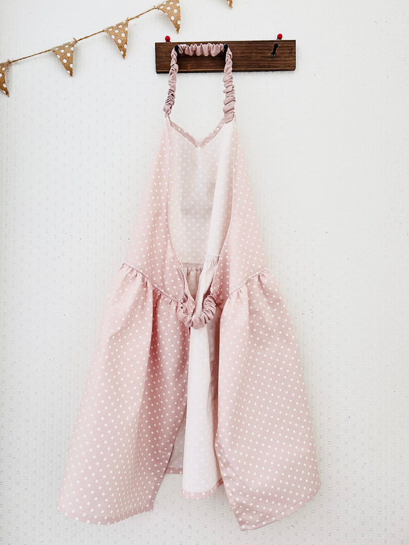 130cm～140cm 子供用 エプロン&三角巾(ドット柄 くすみピンク) 2枚目の画像