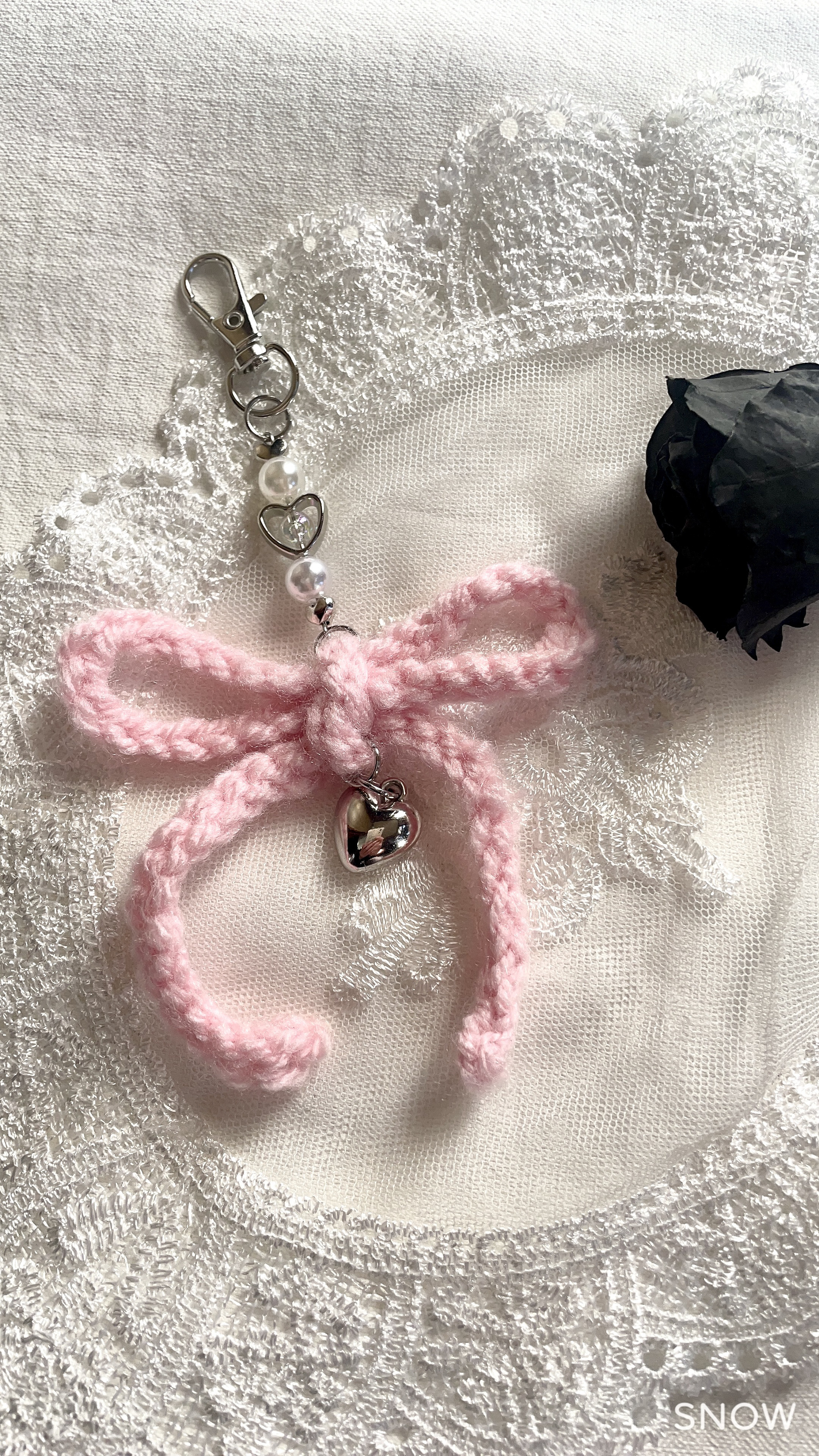 毛糸 編み物 リボン ピンク キーホルダー キーリング ハンドメイド