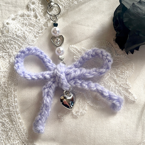 毛糸 編み物 リボン パープル キーリング キーホルダー ハンドメイド