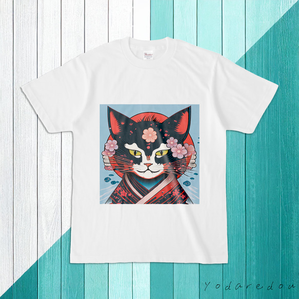 和柄猫のTシャツ ホワイト 【1】 1枚目の画像