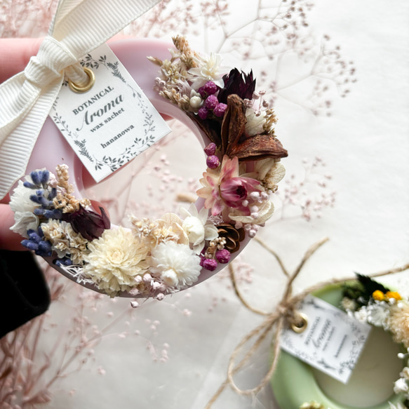 【一点物】お花のリース　✿*:･ﾟ アロマワックスサシェ　/ 季節のお花をぎゅっと詰め込んだ香るドライフラワーアイテム 4枚目の画像