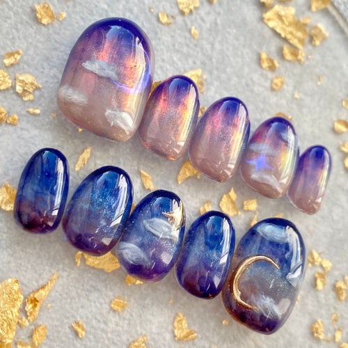 サイズオーダー】夕焼けと夜空のニュアンスネイルチップ オーロラ