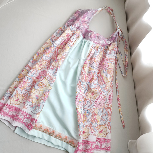 バックリボンキャミワンピース130cm ブロックプリント お花とパステル 