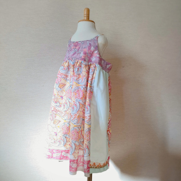 バックリボンキャミワンピース130cm ブロックプリント お花とパステル 