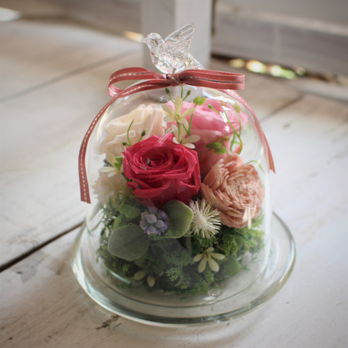 プリザーブド「可愛い小鳥付のガラスドーム」アレンジ プリザーブド