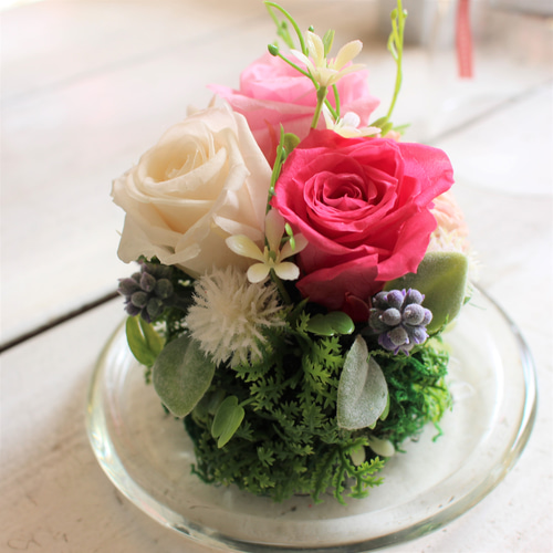 プリザーブド「可愛い小鳥付のガラスドーム」アレンジ プリザーブド