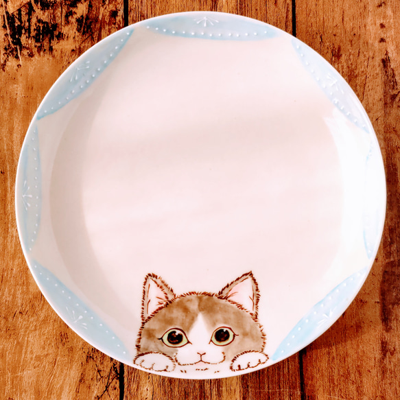 人気ショップ 手描き絵皿 グレーのはちわれ猫さん 水色 丸皿18.5cm(大) 中皿 食器
