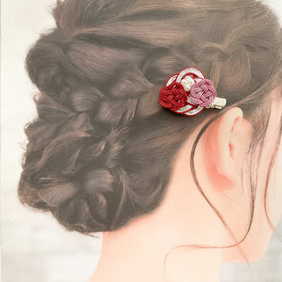 水引髪飾り　和装髪飾り　クリップピン　ピンク　赤　銀色　髪飾り　着物の髪飾り　M198 成人式　卒業式 2枚目の画像