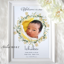 【sahohime様専用】メモリアルポスター赤ちゃんの記念に♪お洒落で可愛い命名書 ❤︎ミモザのリースに包まれて♪ 6枚目の画像