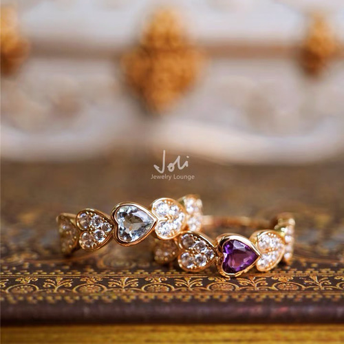 ち*ん様 あ*.様 ハートデザイン ゴールドリング（パープルストーン付き)18k フランスの恋人】天然アメジスト ハート ハーフエタニティリング