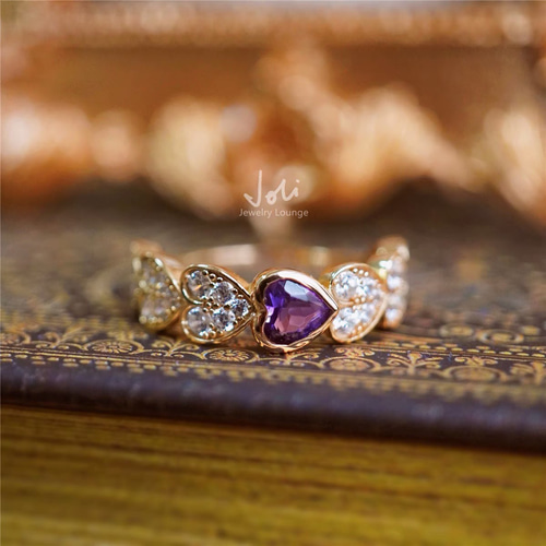 フランスの恋人】天然アメジスト ハート ハーフエタニティリング