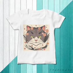 和柄猫のTシャツ ホワイト  レディース【7】 1枚目の画像