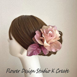 アンティークピンクのエアリーローズと葉っぱの髪飾り　フローレス　フラメンコ　ダンス　髪飾り　花飾り　頭飾り　ピンク　バラ 4枚目の画像