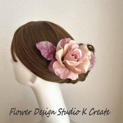 アンティークピンクのエアリーローズと葉っぱの髪飾り　フローレス　フラメンコ　ダンス　髪飾り　花飾り　頭飾り　ピンク　バラ 3枚目の画像