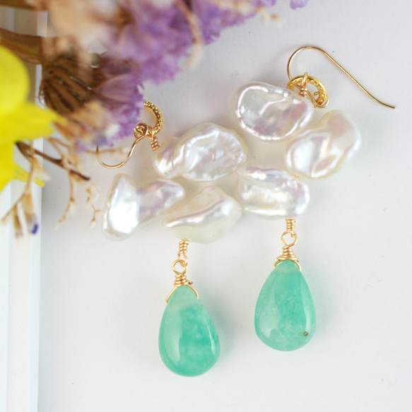 最上級品質／希少石】アクアプレーズ ケシパール 耳飾り ピアス 