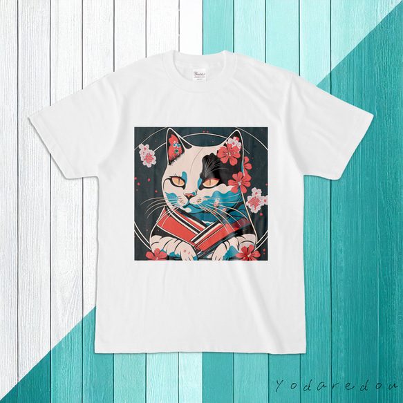 和柄猫のTシャツ ホワイト 【8】 1枚目の画像