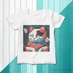 和柄猫のTシャツ ホワイト  レディース【8】 1枚目の画像