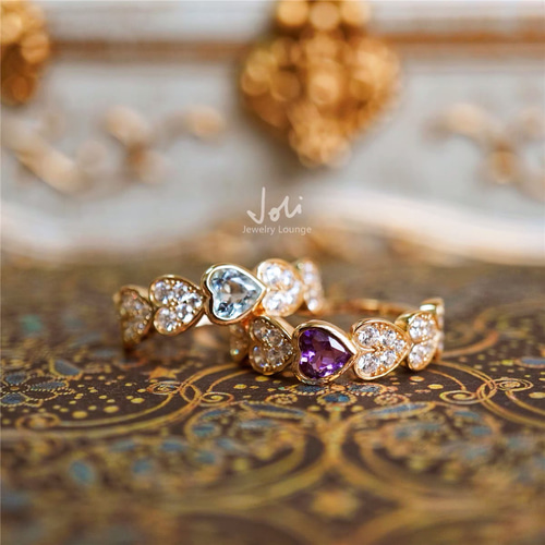 フランスの恋人】天然アクアマリン ハート ハーフエタニティリング