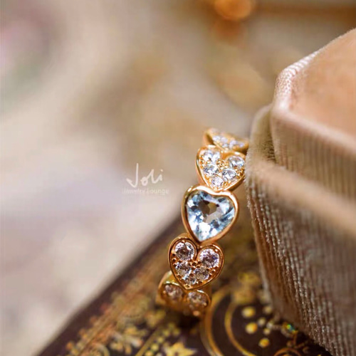 フランスの恋人】天然アクアマリン ハート ハーフエタニティリング