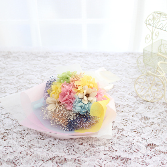 虹色カラフルブーケ　プリザーブドフラワー　ミニブーケ　虹の橋　ペットお供え　結婚　お祝い　花束 3枚目の画像