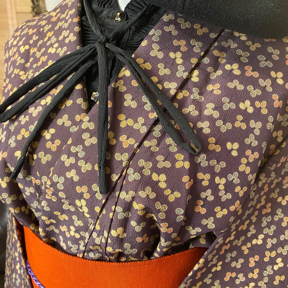 着物 洗える 化繊 ワンピース ドレス ハンドメイド リメイク 帯サッシュベルト  KW-228 3枚目の画像