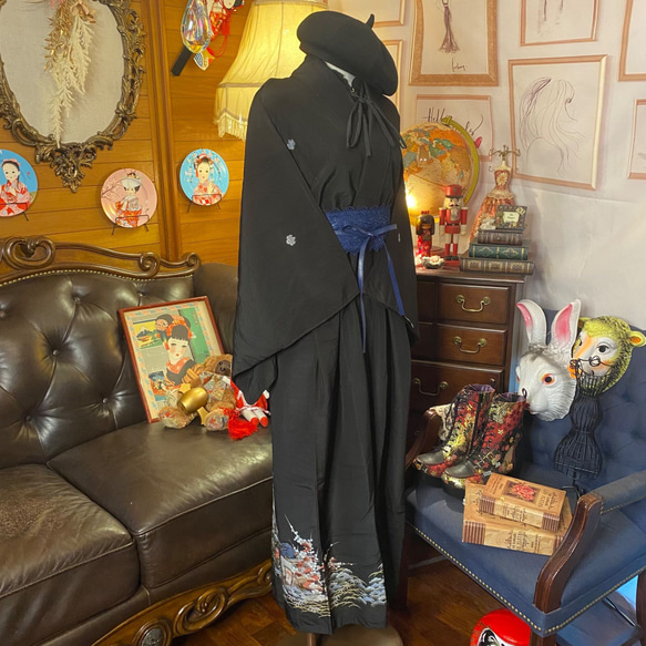 黒留袖 洗える 化繊 着物 和 モダン ハンドメイド リメイク ワンピース ドレス 黒/ブラック TKW-24 3枚目の画像