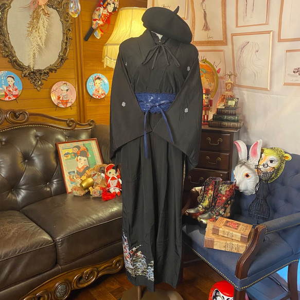 黒留袖 洗える 化繊 着物 和 モダン ハンドメイド リメイク ワンピース ドレス 黒/ブラック TKW-24 2枚目の画像