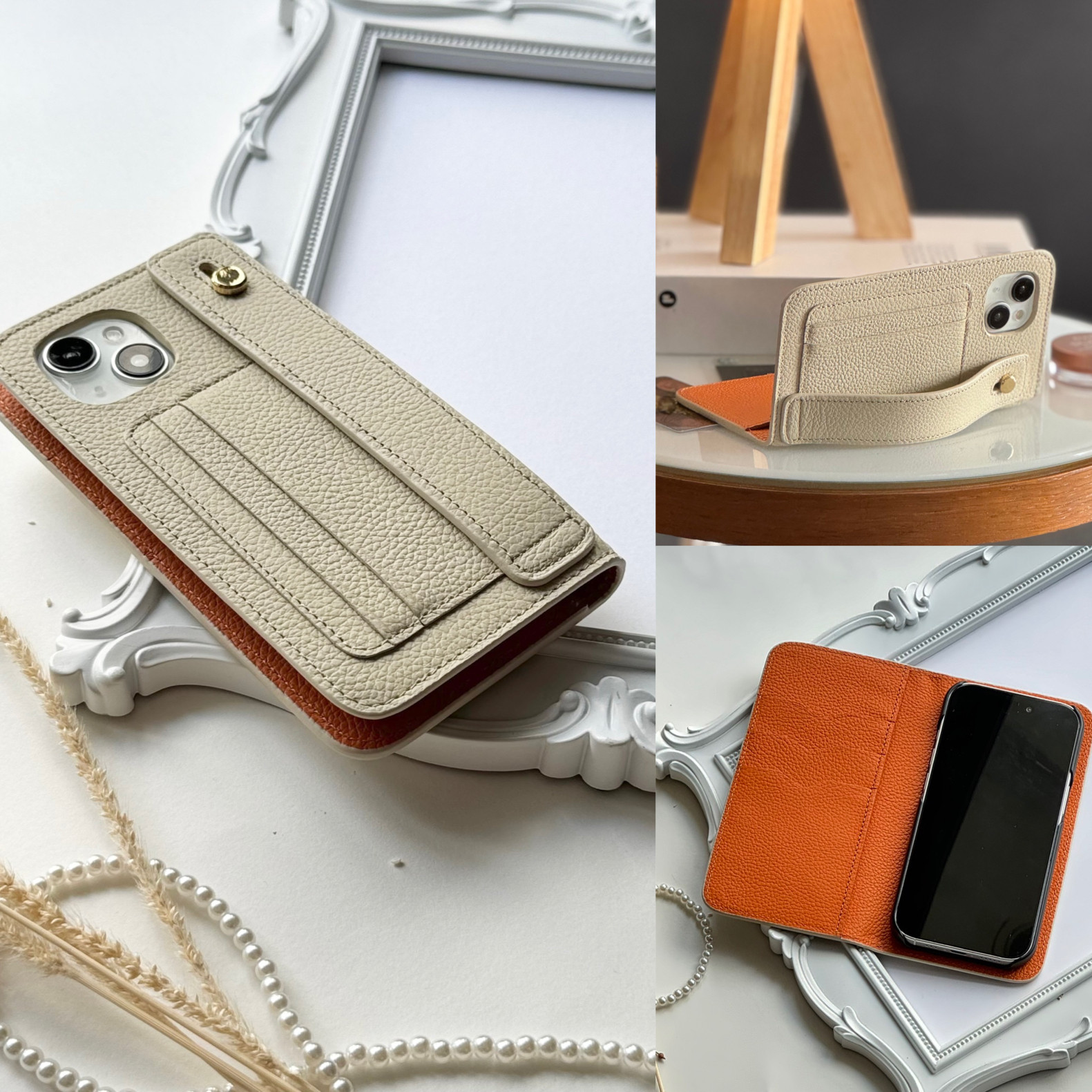 手帳型スマホケース　バイカラーレザー　名入れ無料　　イニシャルが入れられる　IPHONEケース