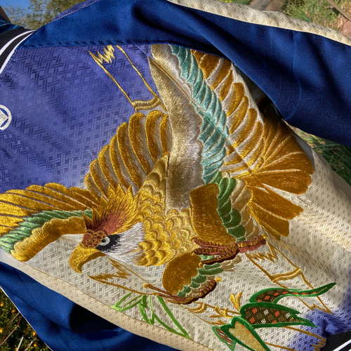 オーダー品】着物リメイクスカジャン リバーシブル 鷹横振り刺繍 産着