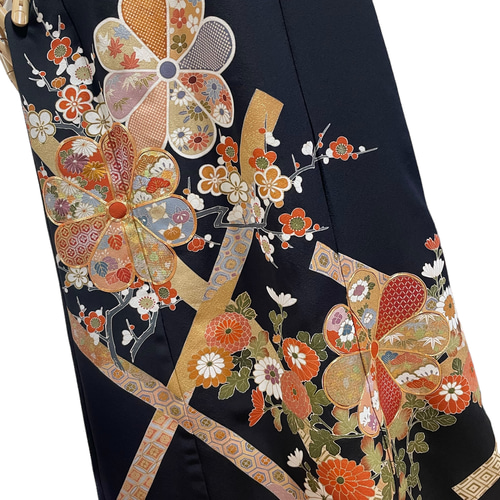 正絹 菊刺繍 花々 留袖リメイクドレス zunezune 13号 留袖ドレス 7分袖