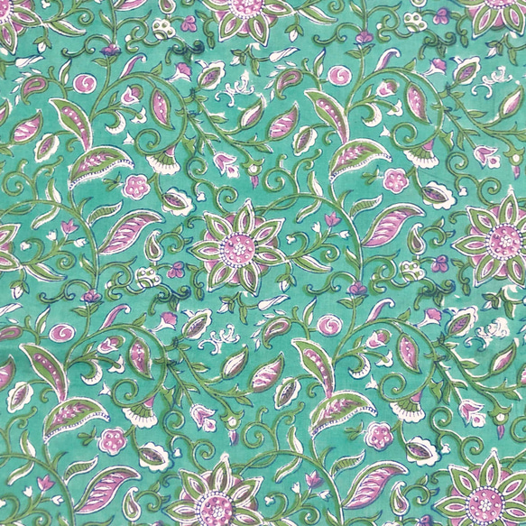 【50cm單位】孔雀綠紫花印度手工塊印花布料棉質 第3張的照片