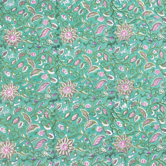 【50cm單位】孔雀綠紫花印度手工塊印花布料棉質 第4張的照片